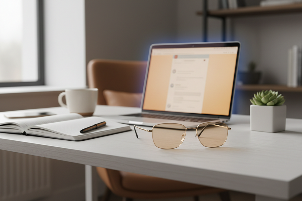 Blue light glasses beside a home computer