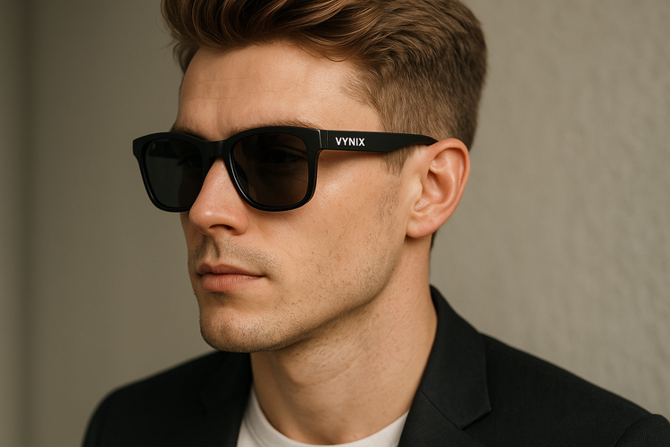 put sunglasses with the logo vynix on the side on a face of a young white male that looks exactly like a real picture